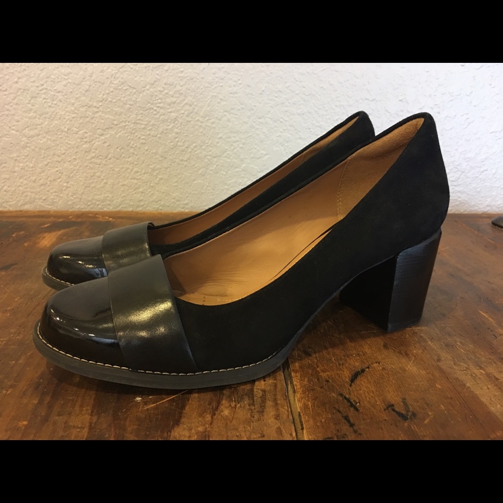 Clarks Black Suede and Patent Leather Heels 7.5